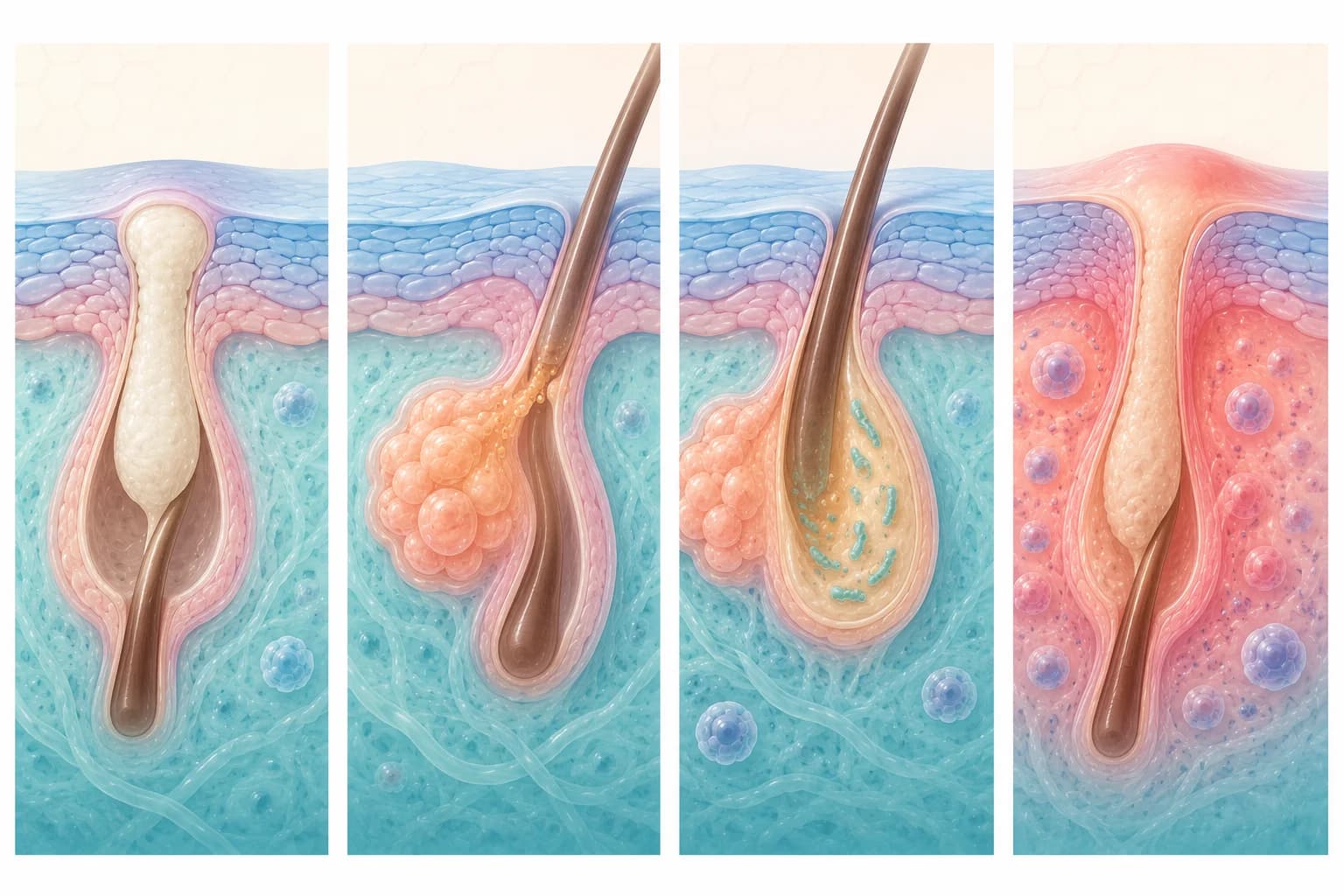 Cross-section ilustrativa de los cuatro pilares biológicos del acné: taponamiento por queratina, exceso de sebo, proliferación de Cutibacterium acnes e inflamación folicular.