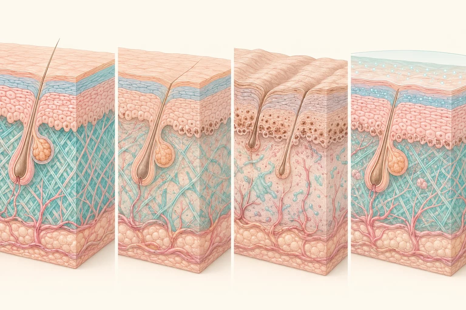 Cross-section ilustrativa del envejecimiento de la piel y el resultado del cuidado dermatológico: piel joven, maduración inicial, envejecimiento establecido y corrección integral.