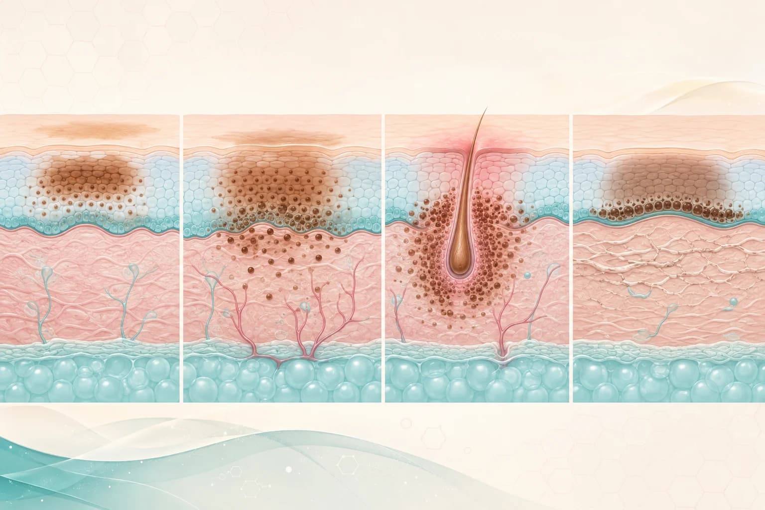Cross-section ilustrativa de los 4 tipos de hiperpigmentación facial: melasma epidérmico, melasma mixto, hiperpigmentación postinflamatoria post-acné y léntigo solar.