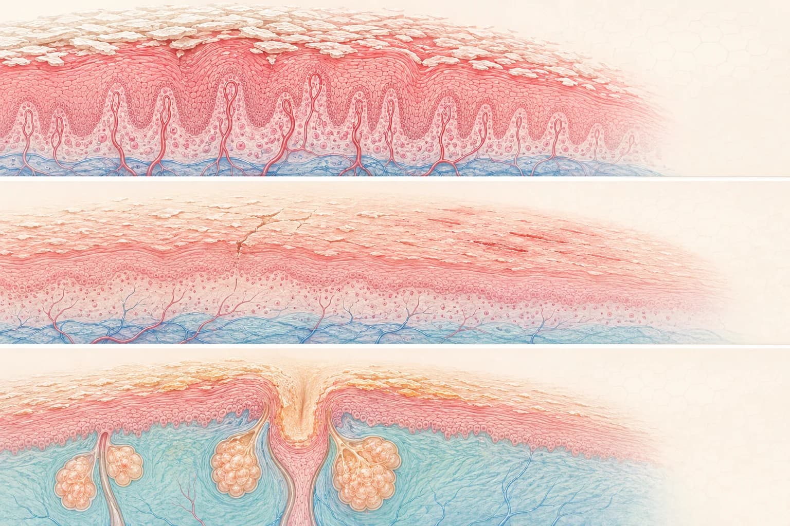 Cross-section ilustrativa de tres condiciones inflamatorias crónicas comparadas: psoriasis vulgar, dermatitis atópica y dermatitis seborreica.