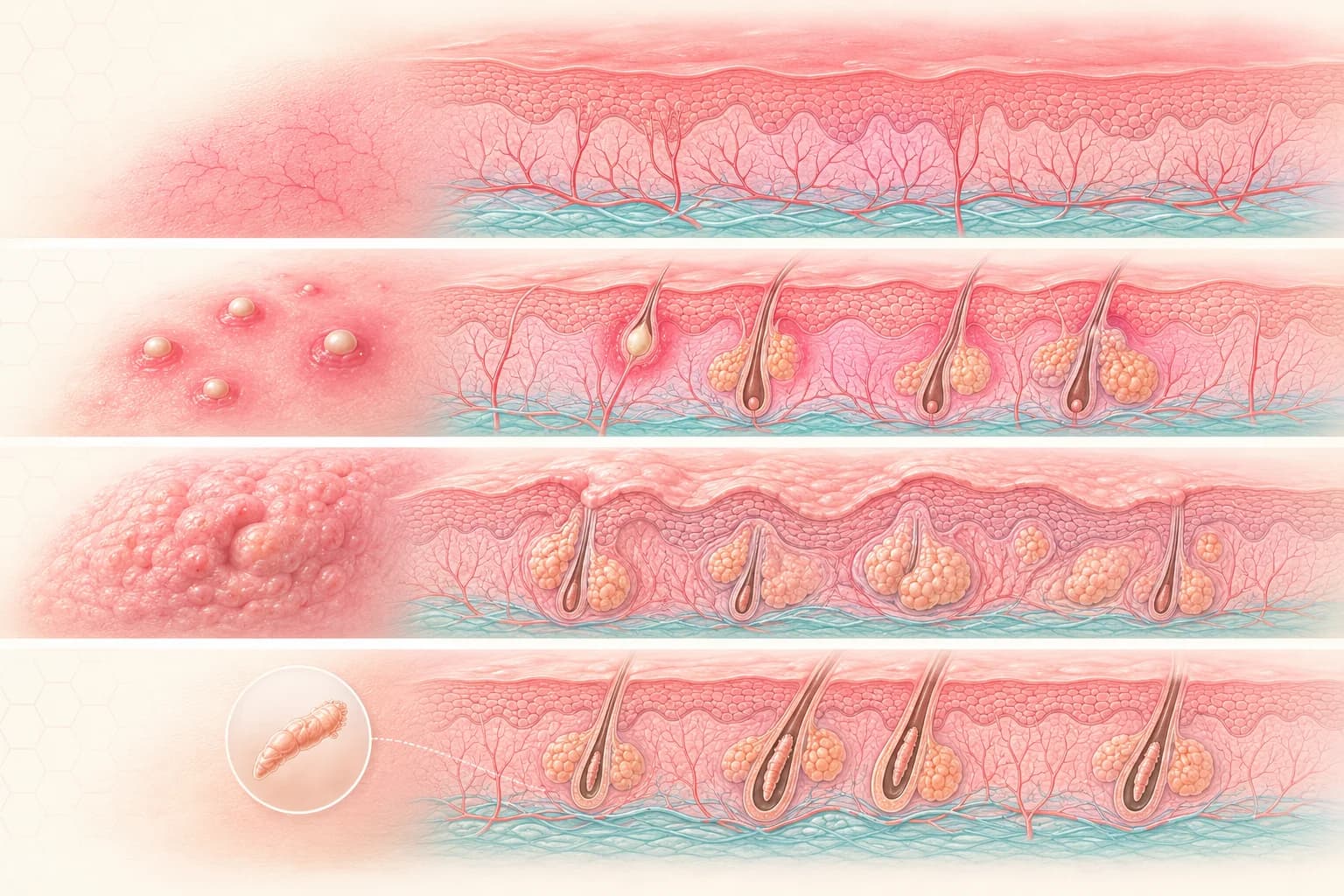 Cross-section ilustrativa de los 4 subtipos clínicos de rosácea: eritematotelangiectásica, papulopustulosa, fimatosa y Demodex folicular.